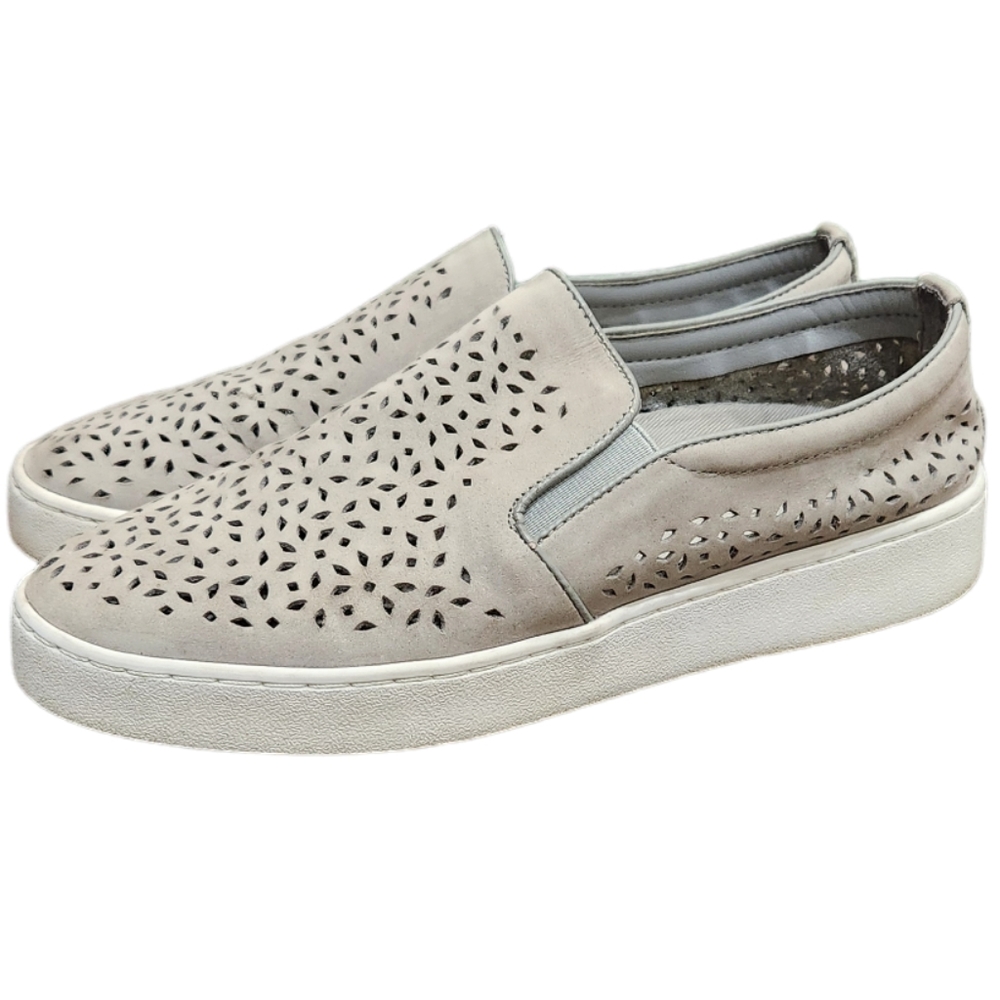 Vionic Kani Gray Suede Comfort Laser Cut Slip On Loafer Shoes Flat Size 7